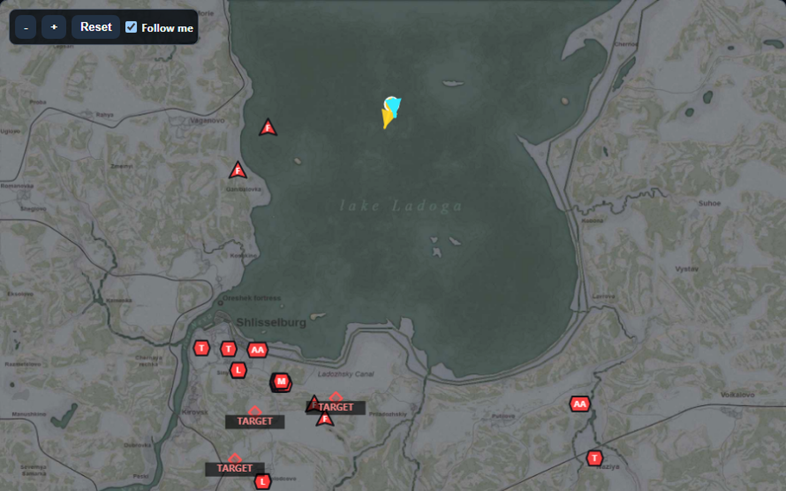 LiveTac local dashboard map showing controls, aircraft markers, player heading, and target labels.